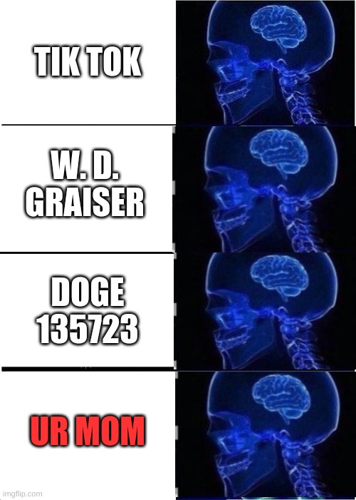 Twist | TIK TOK; W. D. GRAISER; DOGE 135723; UR MOM | image tagged in memes,expanding brain,gifs | made w/ Imgflip meme maker