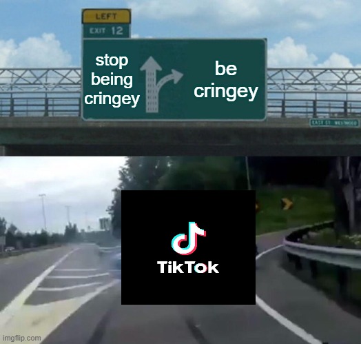 tiktok ramp | stop being cringey; be cringey | image tagged in memes,left exit 12 off ramp,stoptiktok,tiktok sucks,tiktok logo | made w/ Imgflip meme maker