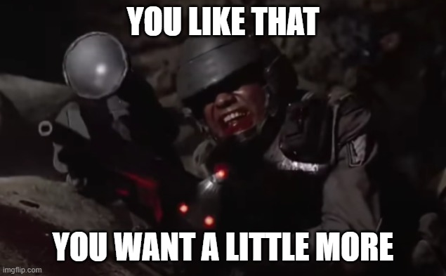 You like that | YOU LIKE THAT; YOU WANT A LITTLE MORE | image tagged in starship troopers | made w/ Imgflip meme maker