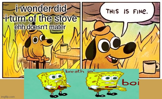 BOI |  i wonder did i turn of the stove; ehh doesn't mater | image tagged in memes,this is fine | made w/ Imgflip meme maker