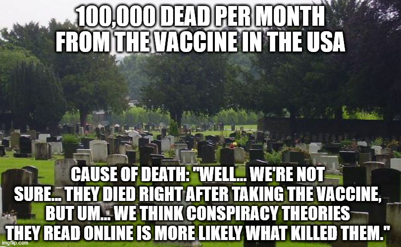 Covid-19 Vaccines: Fraud, murder, genocide. | 100,000 DEAD PER MONTH FROM THE VACCINE IN THE USA; CAUSE OF DEATH: "WELL... WE'RE NOT SURE... THEY DIED RIGHT AFTER TAKING THE VACCINE, BUT UM... WE THINK CONSPIRACY THEORIES THEY READ ONLINE IS MORE LIKELY WHAT KILLED THEM." | image tagged in graveyard | made w/ Imgflip meme maker