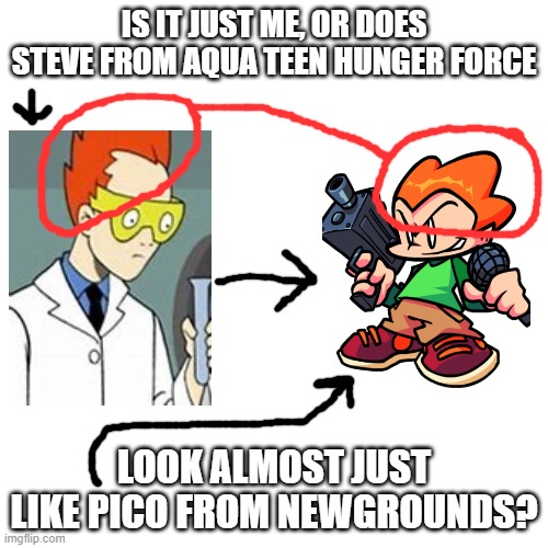 I mean, they both got the spikey ginger hair, so they might be... | IS IT JUST ME, OR DOES STEVE FROM AQUA TEEN HUNGER FORCE; LOOK ALMOST JUST LIKE PICO FROM NEWGROUNDS? | image tagged in memes,aqua teen hunger force,friday night funkin | made w/ Imgflip meme maker