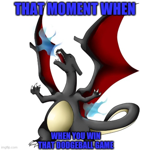 Finally |  THAT MOMENT WHEN; WHEN YOU WIN THAT DODGEBALL GAME | image tagged in charizard | made w/ Imgflip meme maker