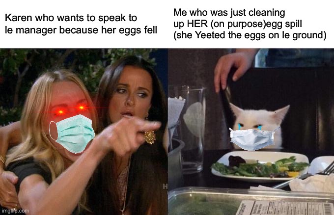 >:0 Karen you! | Karen who wants to speak to le manager because her eggs fell; Me who was just cleaning up HER (on purpose)egg spill (she Yeeted the eggs on le ground) | image tagged in memes,woman yelling at cat | made w/ Imgflip meme maker