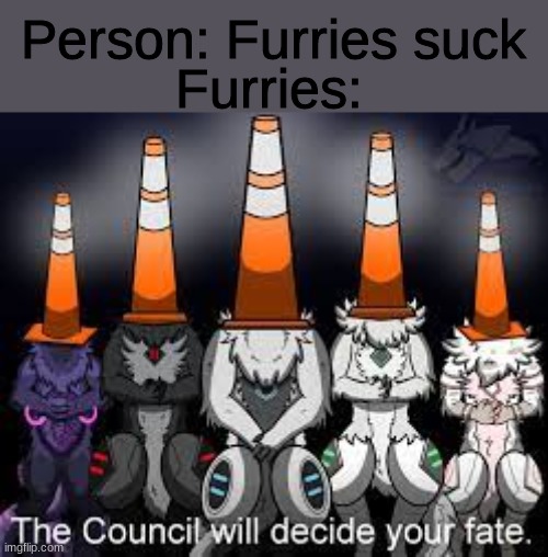 The furry council will decide your fate | Furries:; Person: Furries suck | image tagged in the furry council will decide your fate | made w/ Imgflip meme maker