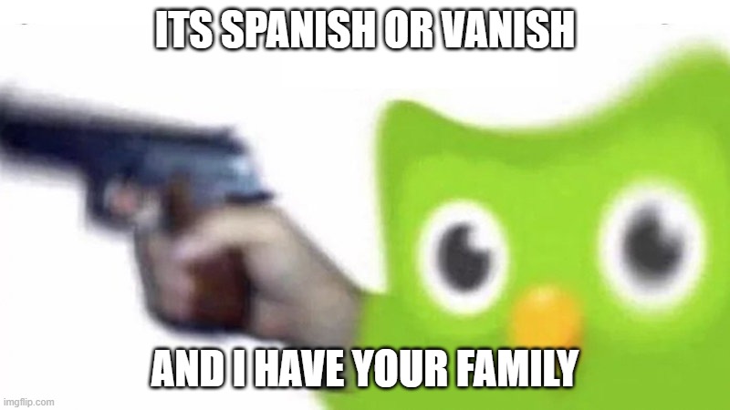 this is my own meme oh and wait YOU FORGOT YOUR SPANISH LESSONS | ITS SPANISH OR VANISH; AND I HAVE YOUR FAMILY | image tagged in duolingo gun | made w/ Imgflip meme maker