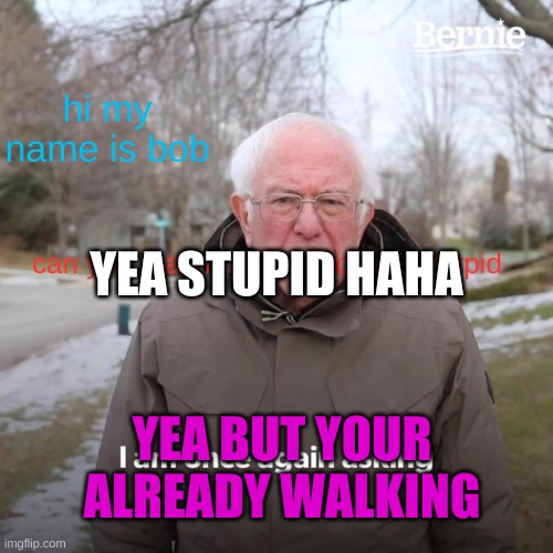 Bernie I Am Once Again Asking For Your Support Meme | hi my name is bob; YEA STUPID HAHA; can you teach me how to walk stupid; YEA BUT YOUR ALREADY WALKING | image tagged in memes,bernie i am once again asking for your support | made w/ Imgflip meme maker