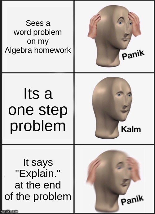 Word Problems In A Nutshell | Sees a word problem on my Algebra homework; Its a one step problem; It says "Explain." at the end of the problem | image tagged in memes,panik kalm panik | made w/ Imgflip meme maker