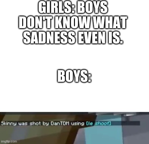 Press F to Pay Respects | GIRLS: BOYS DON'T KNOW WHAT SADNESS EVEN IS. BOYS: | image tagged in blank white template | made w/ Imgflip meme maker