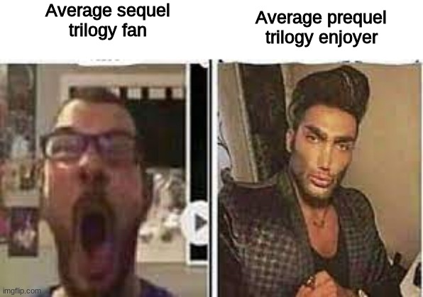avrage fan vs enjoyer | Average sequel trilogy fan; Average prequel trilogy enjoyer | image tagged in avrage fan vs enjoyer | made w/ Imgflip meme maker