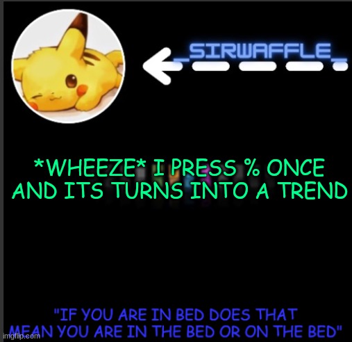 WAFFLES | *WHEEZE* I PRESS % ONCE AND ITS TURNS INTO A TREND | image tagged in waffles | made w/ Imgflip meme maker