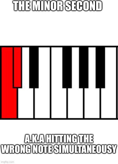 Piano beginners like... | THE MINOR SECOND; A.K.A HITTING THE WRONG NOTE SIMULTANEOUSLY | image tagged in musicians,music joke | made w/ Imgflip meme maker