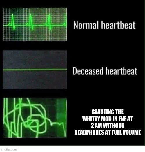 made from personal experience | STARTING THE WHITTY MOD IN FNF AT 2 AM WITHOUT HEADPHONES AT FULL VOLUME | image tagged in normal heartbeat deceased heartbeat | made w/ Imgflip meme maker