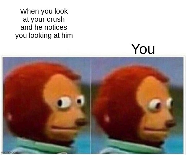 Monkey Puppet Meme |  When you look at your crush and he notices you looking at him; You | image tagged in memes,monkey puppet | made w/ Imgflip meme maker