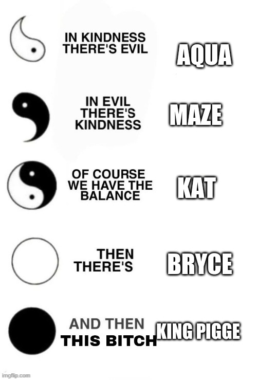 i updated it | AQUA; MAZE; KAT; BRYCE; KING PIGGE | image tagged in in kindness there's evil | made w/ Imgflip meme maker