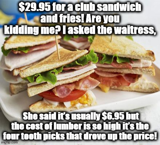 sandwich | $29.95 for a club sandwich and fries! Are you kidding me? I asked the waitress, She said it’s usually $6.95 but the cost of lumber is so high it’s the four tooth picks that drove up the price! | image tagged in sandwich | made w/ Imgflip meme maker