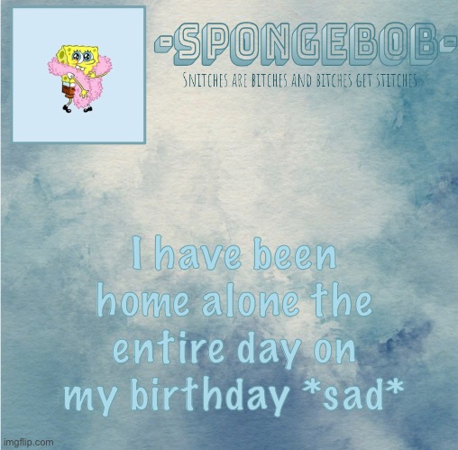 Sponge temp | I have been home alone the entire day on my birthday *sad* | image tagged in sponge temp | made w/ Imgflip meme maker