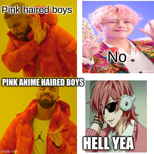 Drake Hotline Bling Meme | Pink haired boys; No; PINK ANIME HAIRED BOYS; HELL YEA | image tagged in memes,drake hotline bling | made w/ Imgflip meme maker