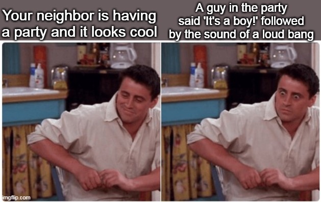 Boom. | Your neighbor is having a party and it looks cool; A guy in the party said 'It's a boy!' followed by the sound of a loud bang | image tagged in joey from friends | made w/ Imgflip meme maker