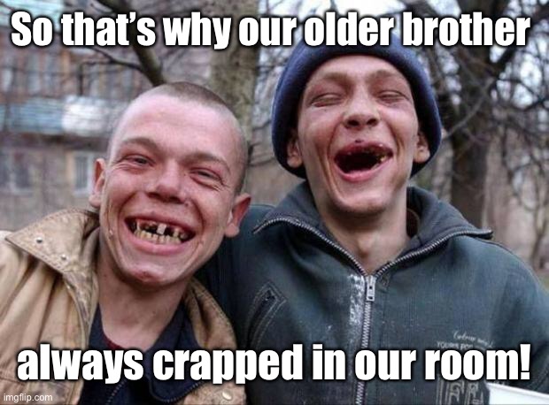 No teeth | So that’s why our older brother always crapped in our room! | image tagged in no teeth | made w/ Imgflip meme maker