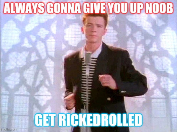 rickrolling | ALWAYS GONNA GIVE YOU UP NOOB; GET RICKEDROLLED | image tagged in rickrolling | made w/ Imgflip meme maker