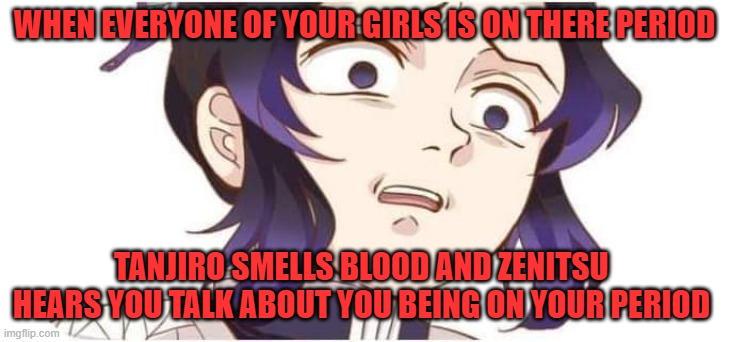 idk | WHEN EVERYONE OF YOUR GIRLS IS ON THERE PERIOD; TANJIRO SMELLS BLOOD AND ZENITSU  HEARS YOU TALK ABOUT YOU BEING ON YOUR PERIOD | image tagged in demon slayer kocho | made w/ Imgflip meme maker