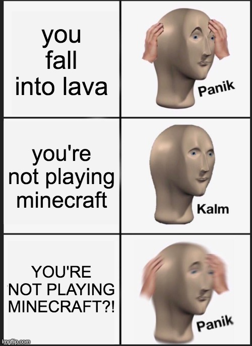 OH NO! | you fall into lava; you're not playing minecraft; YOU'RE NOT PLAYING MINECRAFT?! | image tagged in memes,panik kalm panik | made w/ Imgflip meme maker