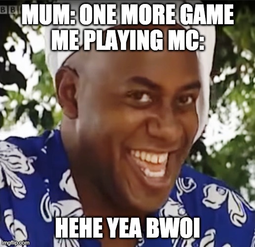 one more game | MUM: ONE MORE GAME
ME PLAYING MC:; HEHE YEA BWOI | image tagged in hehe boi | made w/ Imgflip meme maker