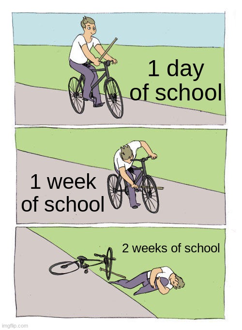 how school really is | 1 day of school; 1 week of school; 2 weeks of school | image tagged in memes,bike fall | made w/ Imgflip meme maker