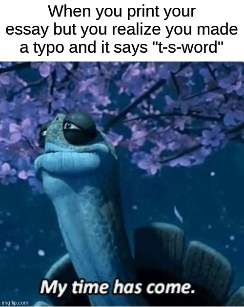 oof |  When you print your essay but you realize you made a typo and it says "t-s-word" | image tagged in my time has come,memes,funny,oof,school,essay | made w/ Imgflip meme maker