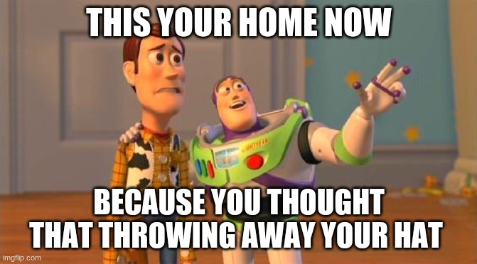 toy story memes | THIS YOUR HOME NOW; BECAUSE YOU THOUGHT THAT THROWING AWAY YOUR HAT | image tagged in toystory everywhere | made w/ Imgflip meme maker