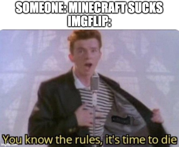 MiNeCrAft SuCkS | SOMEONE: MINECRAFT SUCKS
IMGFLIP: | image tagged in you know the rules its time to die | made w/ Imgflip meme maker