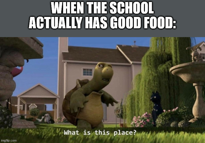What is this place | WHEN THE SCHOOL ACTUALLY HAS GOOD FOOD: | image tagged in what is this place | made w/ Imgflip meme maker