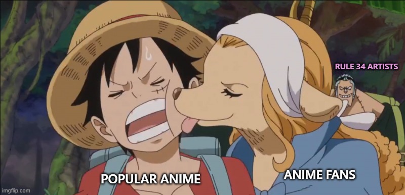 They are everywhere | RULE 34 ARTISTS; POPULAR ANIME; ANIME FANS | image tagged in one piece lick grin,rule 34,anime,manga,furry,lick | made w/ Imgflip meme maker