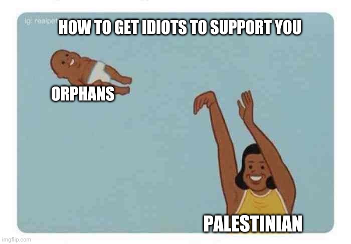 Always getting into wars because of the kids, is why they always sacrifice the kids. | HOW TO GET IDIOTS TO SUPPORT YOU; ORPHANS; PALESTINIAN | image tagged in mom throwing baby,kids,war,false flag,palestine,israel | made w/ Imgflip meme maker