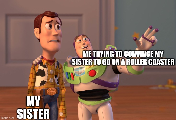 roller coaster | ME TRYING TO CONVINCE MY SISTER TO GO ON A ROLLER COASTER; MY SISTER | image tagged in memes,x x everywhere | made w/ Imgflip meme maker