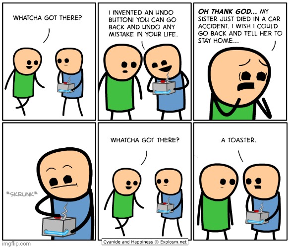 The invention of a undo button | image tagged in cyanide and happiness,cyanide,comics,comic,comics/cartoons,invention | made w/ Imgflip meme maker