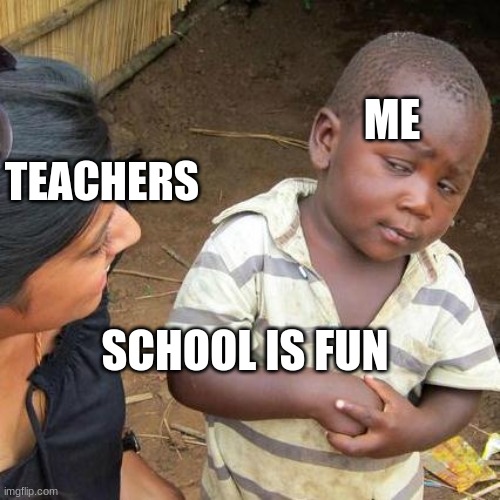 Third World Skeptical Kid Meme | ME; TEACHERS; SCHOOL IS FUN | image tagged in memes,third world skeptical kid | made w/ Imgflip meme maker