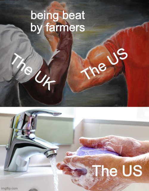 being beat by farmers; The US; The UK; The US | image tagged in memes,epic handshake,washing hands | made w/ Imgflip meme maker