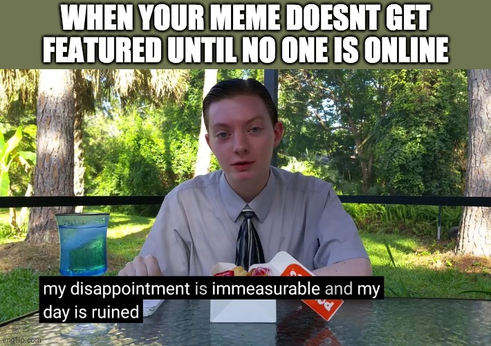 My Disappointment Is Immeasurable | WHEN YOUR MEME DOESNT GET FEATURED UNTIL NO ONE IS ONLINE | image tagged in my disappointment is immeasurable | made w/ Imgflip meme maker