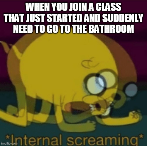 Jake The Dog Internal Screaming | WHEN YOU JOIN A CLASS THAT JUST STARTED AND SUDDENLY NEED TO GO TO THE BATHROOM | image tagged in jake the dog internal screaming,bathroom,class,starting,sigh,annoying | made w/ Imgflip meme maker