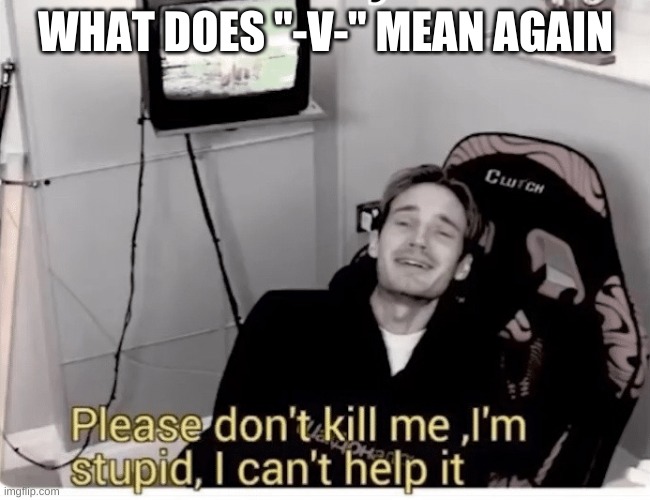 Please don't kill me lm stupid I can't help it | WHAT DOES "-V-" MEAN AGAIN | image tagged in please don't kill me lm stupid i can't help it | made w/ Imgflip meme maker