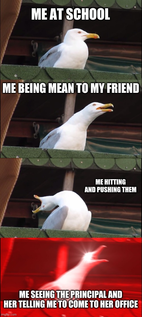 Inhaling Seagull | ME AT SCHOOL; ME BEING MEAN TO MY FRIEND; ME HITTING AND PUSHING THEM; ME SEEING THE PRINCIPAL AND HER TELLING ME TO COME TO HER OFFICE | image tagged in memes,inhaling seagull | made w/ Imgflip meme maker