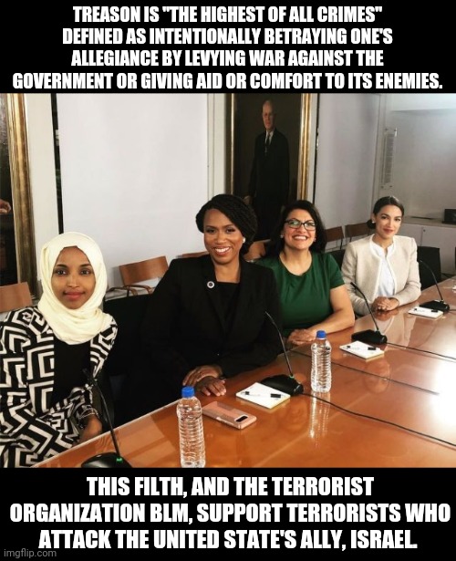 "Some people did something" | TREASON IS "THE HIGHEST OF ALL CRIMES"
DEFINED AS INTENTIONALLY BETRAYING ONE'S ALLEGIANCE BY LEVYING WAR AGAINST THE GOVERNMENT OR GIVING AID OR COMFORT TO ITS ENEMIES. THIS FILTH, AND THE TERRORIST ORGANIZATION BLM, SUPPORT TERRORISTS WHO ATTACK THE UNITED STATE'S ALLY, ISRAEL. | image tagged in the squad,ConservativesOnly | made w/ Imgflip meme maker