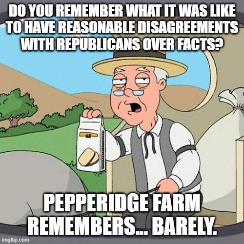 Pepperidge Farm Remembers | DO YOU REMEMBER WHAT IT WAS LIKE
TO HAVE REASONABLE DISAGREEMENTS
WITH REPUBLICANS OVER FACTS? PEPPERIDGE FARM REMEMBERS... BARELY. | image tagged in memes,pepperidge farm remembers | made w/ Imgflip meme maker