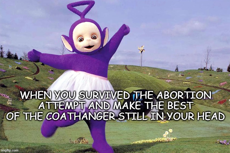 WHEN YOU SURVIVED THE ABORTION ATTEMPT AND MAKE THE BEST OF THE COATHANGER STILL IN YOUR HEAD | image tagged in teletubbies | made w/ Imgflip meme maker