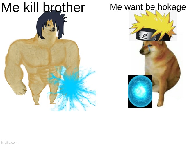 Naruto vs sasuke in a nutshell | Me kill brother; Me want be hokage | image tagged in memes,buff doge vs cheems | made w/ Imgflip meme maker
