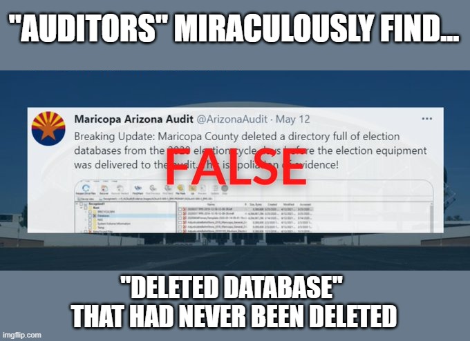 AZ auditors find full database after Maricopa County tells them where to look | "AUDITORS" MIRACULOUSLY FIND... "DELETED DATABASE" 
THAT HAD NEVER BEEN DELETED | image tagged in arizona,sham audit,cyber ninjas,election 2020,maricopa county,gop scam | made w/ Imgflip meme maker