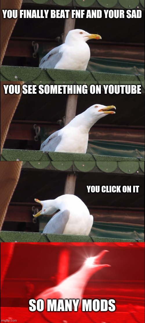 Inhaling Seagull Meme | YOU FINALLY BEAT FNF AND YOUR SAD; YOU SEE SOMETHING ON YOUTUBE; YOU CLICK ON IT; SO MANY MODS | image tagged in memes,inhaling seagull | made w/ Imgflip meme maker