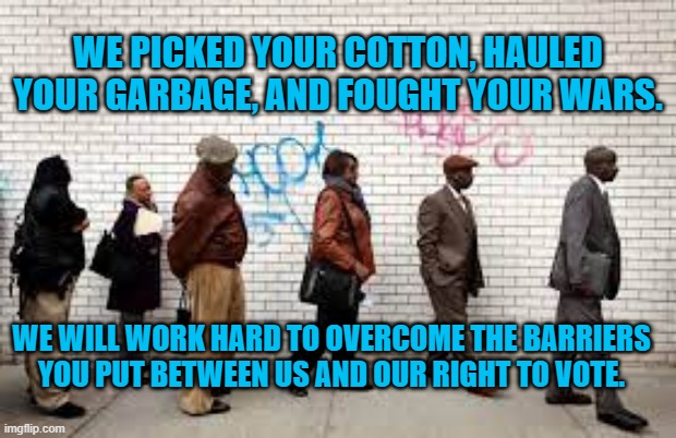 They Think We're Too Lazy To Stand Up To Them. | WE PICKED YOUR COTTON, HAULED YOUR GARBAGE, AND FOUGHT YOUR WARS. WE WILL WORK HARD TO OVERCOME THE BARRIERS YOU PUT BETWEEN US AND OUR RIGHT TO VOTE. | image tagged in politics | made w/ Imgflip meme maker